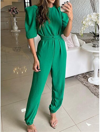  Damen Normal Jumpsuit Strassenmode Feste Farbe Kurzarm Rundhalsausschnitt Hohe Taillenlinie Strasse Täglich Regular Fit Gelb Fuchsie Grün Sommer