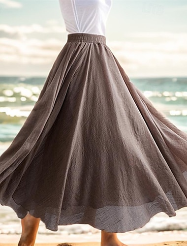  Women's Swing Long Skirt Maxi Skirts Layered Long Solid Colored Holiday Casual Daily Spring & Summer Linen Cotton Blend Casual Summer Black Dark Gray Green Khaki
