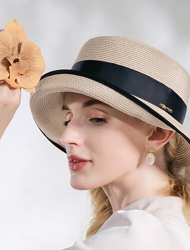  Hüte Geflochtener Strohhut Lässige Urlaubs-Cocktailparty Melbourne Cup Elegant Retro mit satinschleife Haarstück Kopfbedeckung kleide dich beeindruckend Derby Hüte Renntagkleid 2025