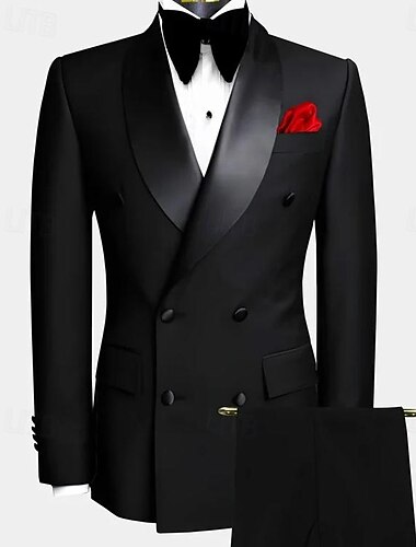  Heren Trouwen Pakken Thuiscoming Pakken Zwart Tie Tuxedo's Formeel Zomer Effen Kleur Tailored Fit 2-delig Dubbele Knopen Zes Knopen