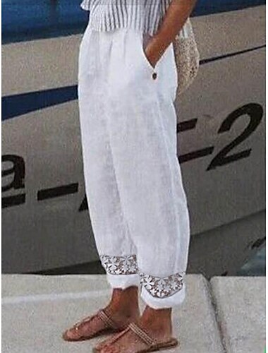  Mujer Pantalones Mezcla Lino Algodón Bolsillos laterales Cortado Longitud total Blanco Verano