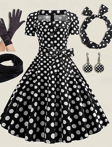  Vestido rockabilly de línea A para mujer, vestido oscilante de lunares, vestido acampanado con accesorios, conjunto retro vintage de los años 50 y 60 con diadema, bufanda de gasa, pendientes, gafas