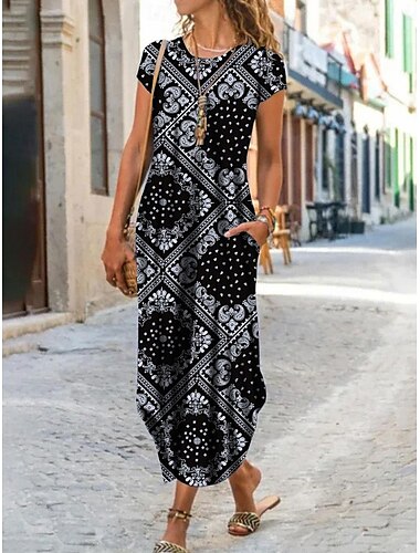  Robe Maxi Femme Robe Shift Bloc de Couleurs Géométrique Poche Col Fendu Vintage Quotidien Rendez-vous Manches Courtes Été Printemps