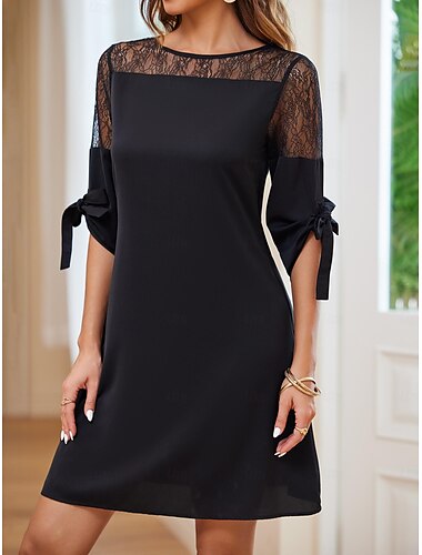  نسائي فستان اسود فستان قصير دانتيل أنيق رقبة عالية مدورة نصف كم أسود اللون