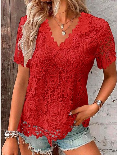  Damen Spitzenbluse V-Ausschnitt Blumen Kurzarm weiß elegant romantisch halbtransparent atmungsaktiv Top Frühling Sommer lässig Event Mode Kleidung