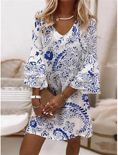  Femme Mini robe Robe casual Robe d'été robe boheme mode Décontractées Vacances du quotidien Standard Floral Manches 3/4 Col V Jaune Rose Claire Bleu Bleu clair Eté