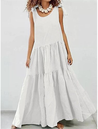  Damen Weißes Kleid Maxidress Rüschensaum Urlaub Brautkleider schlicht Rundhalsausschnitt Ärmellos Schwarz Weiß Himmelblau Farbe