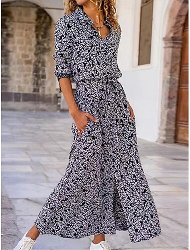  Damen-Hemdkleid mit Blumenmuster und Taschendruck, Hemdkragen, langes Kleid, Maxikleid, Böhmen, Alltag, Urlaub, lange Ärmel, Sommer