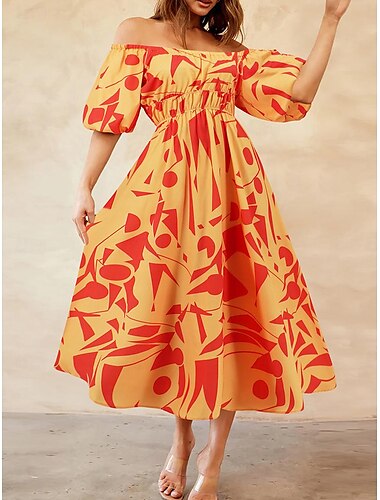  Mulheres Vestido Longo Vestido Maxi Vestido casual Vestido Swing Vestido A Line Vestido de verão à moda Casual Manga Princesa Férias Diário Encontro Normal Floral Folha Meia Manga Ombro a Ombro Preto