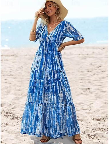  Damen Chiffon Casual kleid Chiffon-Kleid Strandkleid Batik Bedruckt V Ausschnitt kleid lang Urlaub Strand Kurzarm Sommer