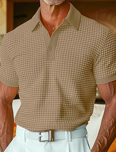  Herren Waffel-Poloshirts Poloshirts Lässig Ferien Revers Gerippter Polokragen Kurzarm Mode Basic Einfach Knöpfe Weich Sommer Frühling Normale Passform Weiß Gelb Burgunderrot Grün Kaki Grau