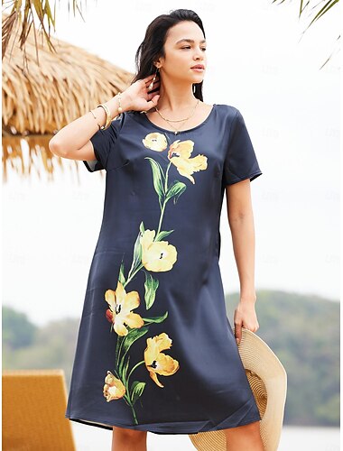 Mujer Vestido informal Vestido estilo camiseta Floral Estampado Cuello Barco Vestido Midi Cita Vacaciones Manga Corta Primavera