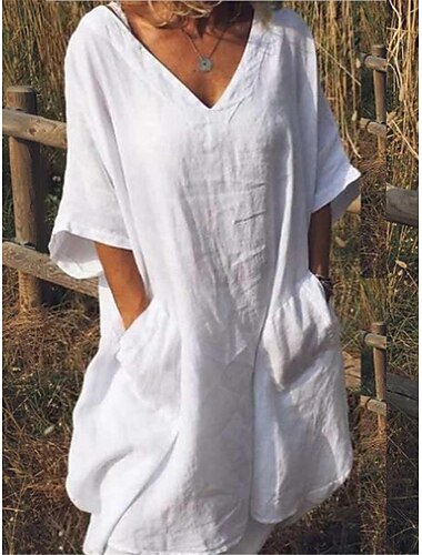  Mujer Vestido de lino Vestido informal Vestido de algodón blanco Vestido Midi Bolsillo Básico Diario Escote en Pico Media Manga Verano Primavera Negro Blanco Plano