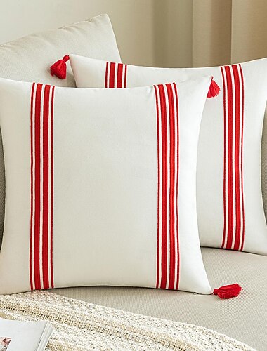  Line Style Decorative Toss Pillow Cover Red Embroidery Tassel for Garden Patio Bedroom Livingroom Sofa Couch Chair