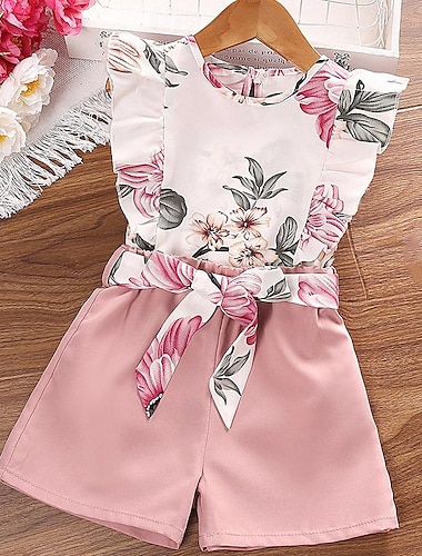  2 Stück kinderkleidung Mädchen Blumen Shorts Anzug einstellen Ärmellos Aktiv Outdoor Baumwolle 3-7 Jahre Sommer Mehrfarbig Rosa Wein