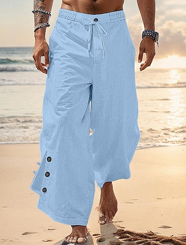  男性用 リネンパンツ ズボン サマーパンツ ボタン フロントポケット プリーツ 平織り 履き心地よい 高通気性 全長 カジュアル 日常 祝日 ファッション ベーシック ホワイト ブルー