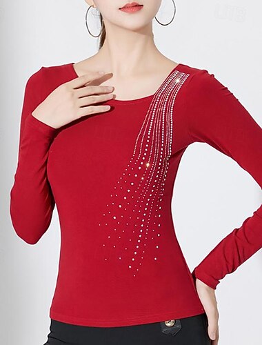  Latin Dance Ballroom Dance Top Pure Color Splicing Crystals / Rhinestones Women's Performance Training Long Sleeve High Cotton Blend