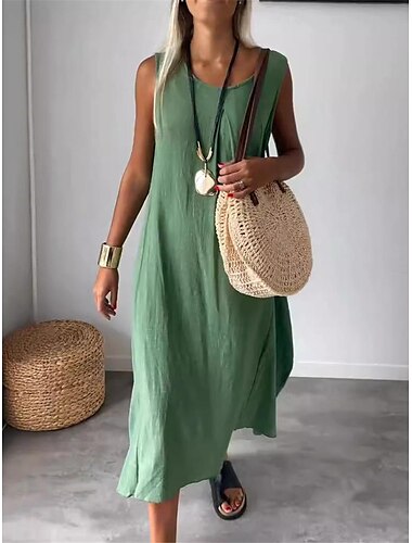  Damen Schwarz Gelb Grün Sommer Frühling Maxikleid Baumwoll-Leinen-Kleider Trägerkleid Baumwoll-Sommerkleid Lässig Urlaub Täglich Lässiger Schnitt Einfach Rundhalsausschnitt