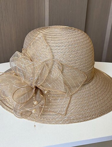  Fascinators Hats Headwear Polyester Tulle Bucket Hat Floppy Hat Sun Hat Holiday Beach Elegant Retro With Feather Faux Pearl Headpiece Headwear