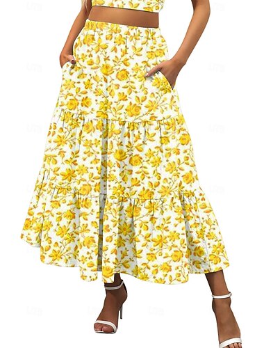  Damen Rock A-Linie Schaukel Maxi Röcke Bedruckt Blumen Festtage Urlaub Sommer Baumwolle Brautkleider schlicht Boho Gelb Rosa Rote Marinenblau