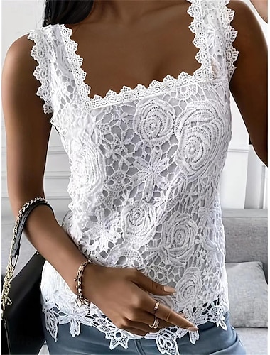  Δαντελένιο πουκάμισο Μπλούζα Τανκ Γυναικεία Μαύρο Λευκό Ανθισμένο Ροζ Σκέτο Δαντέλα Δρόμος Καθημερινά Βασικό Μοντέρνα Τετράγωνη Λαιμόκοψη Κανονικό Τ