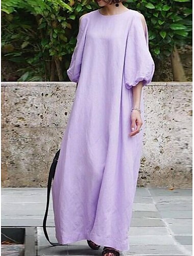  Damen Schwarz Violett Kaki Sommer Frühling Herbst Maxikleid Baumwoll-Leinen-Kleider schwarzes kleid Vintage-Kleid Elegant Bohemien Mode Puffärmel / Ballon Urlaub Büro Alltagskleidung Lässiger Schnitt