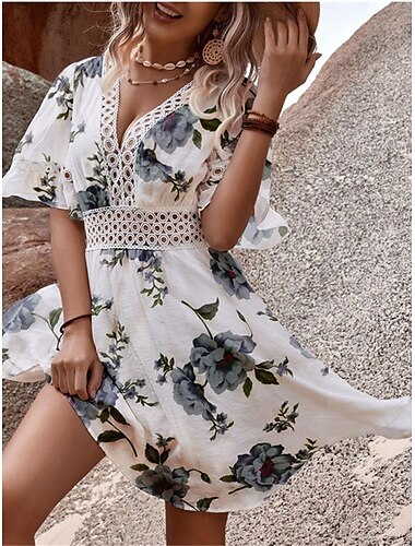  Damen Minikleid Weißes Kleid Weißes Spitzenkleid mit Ärmeln Boho Chic Kleider Sommerkleid Bohemien Urlaub Strand Normale Passform Kurzarm V Ausschnitt Weiß Blau Sommer