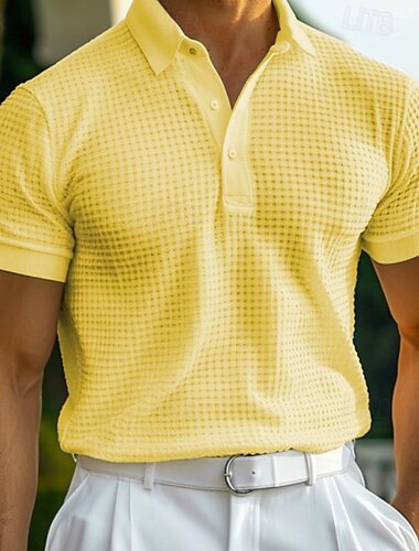 Herren Poloshirts zum Suchbegriff: "Waffel" Poloshirts Casual Festtage Kargen Gerippter Polokragen Kurzarm Modisch Basic Glatt Knopf Weich Sommer Frühling Regular Fit Weiß Gelb Khaki Grau Poloshirts