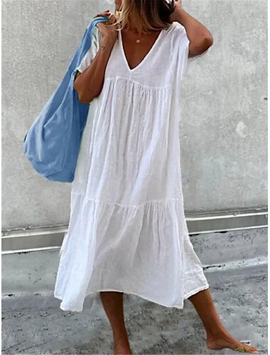  Femme robe blanche Robe en lin Robe en coton blanc Robe mi-longue Ruché Décontractées du quotidien Vacances Col V Manche Courte Eté Printemps Noir Blanche Plein