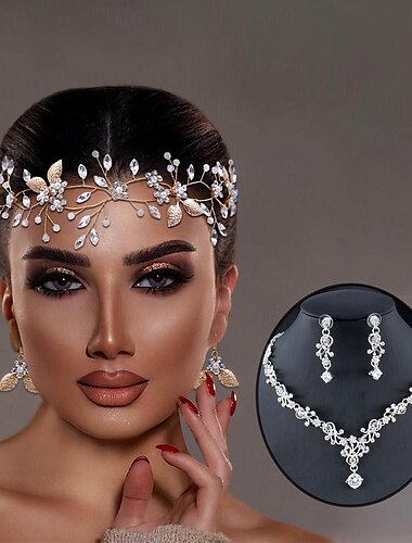  Schmucksets Braut Strass Band Krawatte Kopfschmuck 2 Paar Creolen Halskette 6 tlg Set Zirkonia Zink Haarschmuck Damen Elegant Basic Klassisch Tropfen Schmuckset für Karneval Hochzeit Party