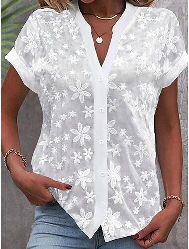  Camisa Camisa de encaje Blusa Mujer 6 blanco Blanco Plano Encaje Botón Calle Diario Básico Moderno Escote en Pico Ajuste regular S