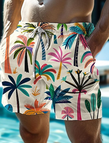  Herren Kokospalme Bunt Blume / Blumenmuster Badeshorts Boardshorts Badehosen Mittlere Taille Hawaiianisch Lässig Ferien Strand Kordelzug mit Mesh-Futter Elastischer Bund Designer Bekleidung
