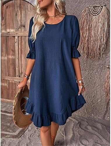  Per donna Nero Rosso Blu marino Estate Primavera Abito Midi Abiti ispirati al lino Abito in cotone e lino Abito estivo in cotone Casual Vacanza Quotidiano Vestibilità comoda Semplice Girocollo