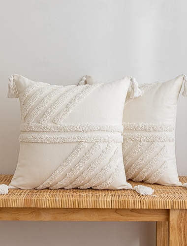  Boho Tufted Decorative Toss Pillow Cover White Stripe Cotton Beige Tassel for Home Bedroom Livingroom