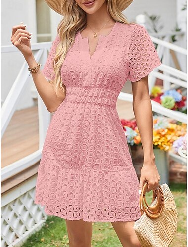  Damen Weißes Kleid Minikleid Spitze Öse Urlaub Brautkleider schlicht Gespaltener Hals Kurzarm Schwarz Weiß Gelb Farbe