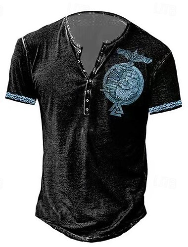 Herren T Shirt Henley Shirt Graphic Totenkopf Motiv Adler Henley Schwarz / Weiß Schwarzgrau Schwarz Blau Braun Strasse Casual Kurzarm Button-Down Bedruckt Bekleidung Stilvoll Vintage Basic Klassisch