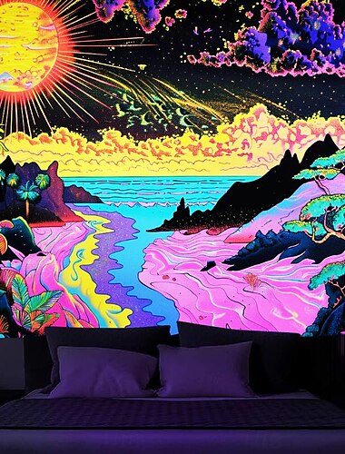  Schwarzlicht Wandteppich UV reaktiv im Dunkeln leuchtend Party Neon Pilz Landschaft psychedelisch trippig neblig hängender Wandteppich Wandbild fürs Wohnen