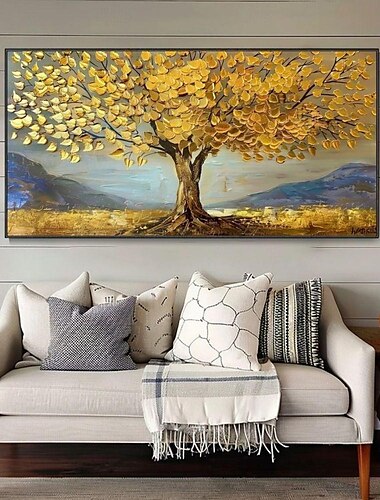  handgemachtes Ölgemälde auf Leinwand, Wandkunst, Dekoration, goldene Baumlandschaft für die Inneneinrichtung, gerolltes, rahmenloses, ungedehntes Gemälde, goldene Baumlandschaft
