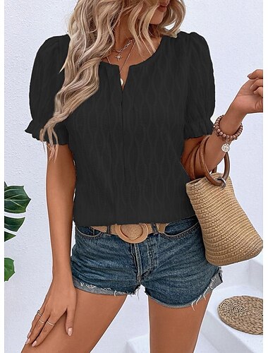  Women's Lace Shirt Short Sleeve Crew Neck Black White Blue Purple Summer