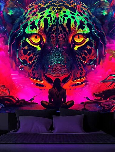  Schwarzlicht Wandteppich UV reaktiv im Dunkeln leuchtend Party Neon Mandala Leopard Meditation Psychedelisch Trippy Misty Hängeteppich Wandbild Wandbild für Wohnzimmer Schlafzimmer