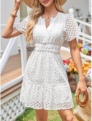  בגדי ריקוד נשים שמלה לבנה שמלת מיני תחרה חריר חופשה יום יומי צוואר מפוצל שרוולים קצרים שחור לבן צהוב צבע