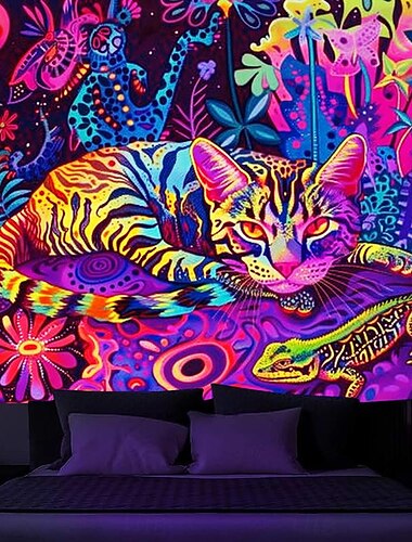  Schwarzlicht Wandteppich UV reaktiv im Dunkeln leuchtend Party Neon Flamingo Tier psychedelisch trippig neblig hängender Wandteppich Wandbild für Wohnzimmer Schlafzimmer