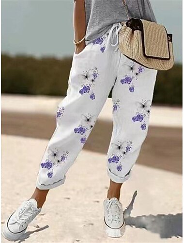  Women's Chinos Pants Trousers Streetwear Casual Long High Waist Floral Stripe Pocket Elastic Drawstring Design High Cut Breathability Soft Micro-elastic Vacation Street Daily Wear White Blue Khaki