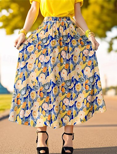  Mujer Falda Columpio Midi Faldas Gasa Estampado Bloque de color Flores Cita Casual Diario Primavera verano Gasa Elegante Moda Amarillo Rosa