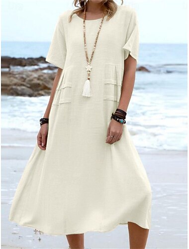  Mulheres Vestido midi Linho de algodão sintético Vestido Kaftan Vestido casual vestido solto Moda Moderno Casual Diário Ao ar livre Praia Ajuste Largo Tecido Manga Curta Gola Redonda Azul Preto Rosa