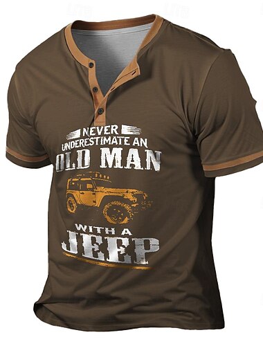  Heren Graphic Henley T-Shirt 'Verander nooit een oude man met een Jeep' Korte Mouwen Lifestyle Tee