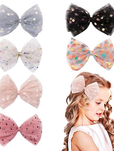  6 stücke bunte polka dot mesh kinder haar clip prinzessin große schleife haar clip schneeflocke stern halb gewickelt tuch top clip