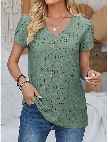  Dames Elegante Kanten Tops Eyelet Blouse Dagelijks Stijlvolle Plain Reguliere Tops Korte Mouw V-Hals Kanten Knopen Reguliere Pasvorm Vakantie Dagelijks Romantische Petite Tops Zomer Vakantie Kleding