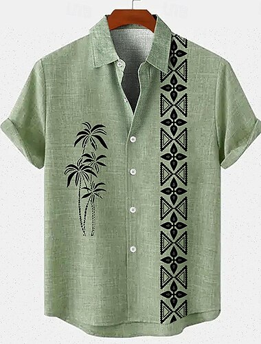  Voor heren linnen overhemd Strand hemd Hawaiiaans overhemd Kokosnootboom Buiten Vakantie blauw Bruin Groen Korte mouw Opstaand Zomer Lente Kleding Afdrukken
