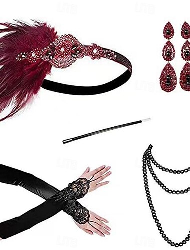  1920er Der große Gatsby Outfits Flapper-Stirnband Der große Gatsby Hochzeitsgast Kragenlos Damen Halloween Karneval Maskerade Party Maskerade Hochzeitsempfang Erwachsene Handschuhe Halskette Ohrring